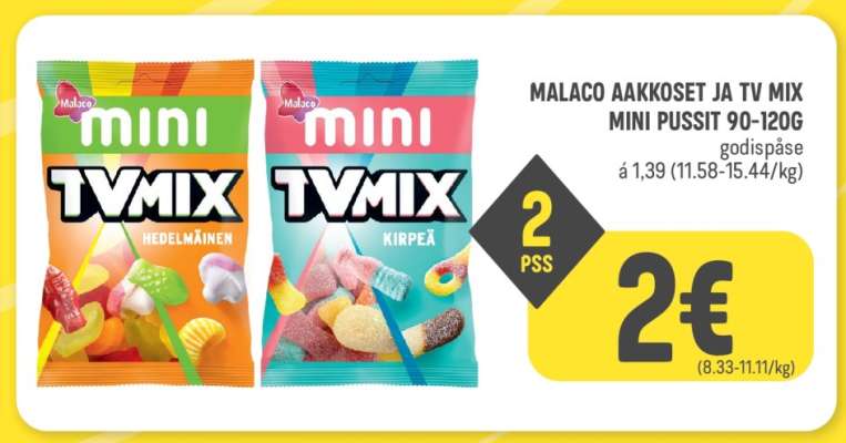 MALACO AAKKOSET JA TV MIX MINI PUSSIT 90-120G