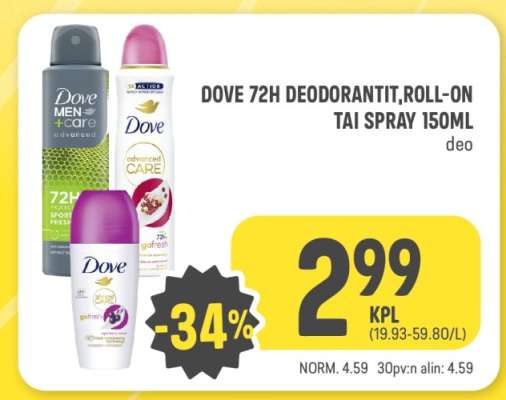 DOVE 72H DEODORANT,ROLL-ON TAI SPRAY 150ML