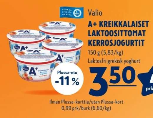 Valio A+ KREIKKALAISET LAKTOOSITTOMAT KERROSJOGURTIT
