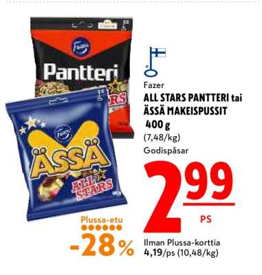 Fazer ALL STARS PANTTERI tai ÄSSÄ MAKEISPUSSIT 400 g