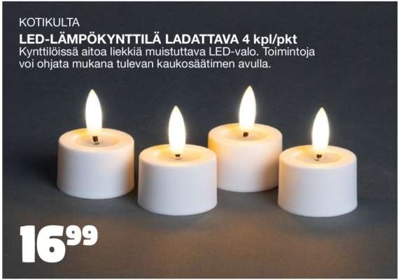 KOTIKULTA LED-LÄMPÖKYNTTILÄ LADATTAVA 4 kpl/pkt