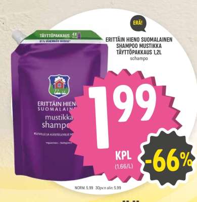 ERITTÄIN HIENO SUOMALAINEN SHAMPOO MUSTIKKA TÄYTTÖPAKKAUS 1,2L