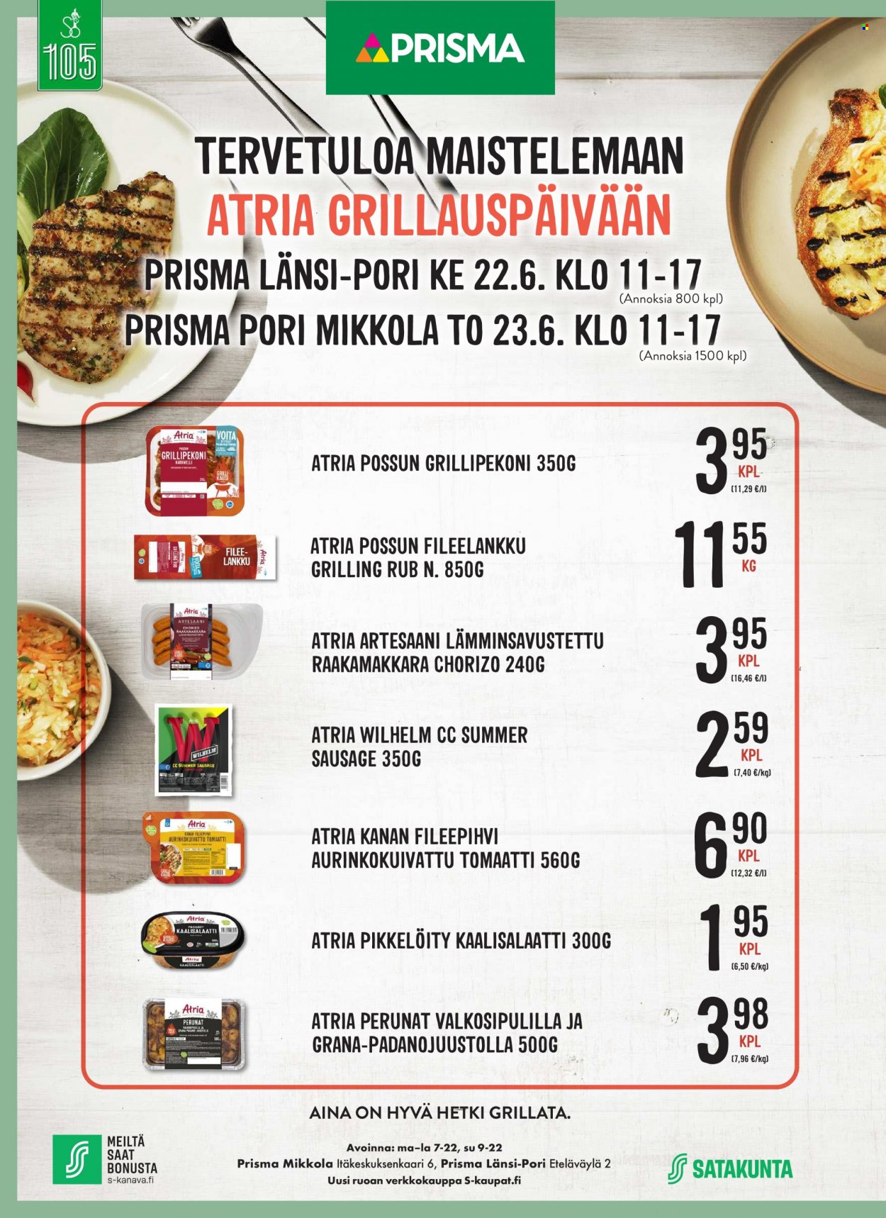 Prisma tarjoukset  - 21.06.2022 - 26.06.2022 - Tarjoustuotteet - kanan, grana, chorizo, perunat, tomaatti. Sivu 1.