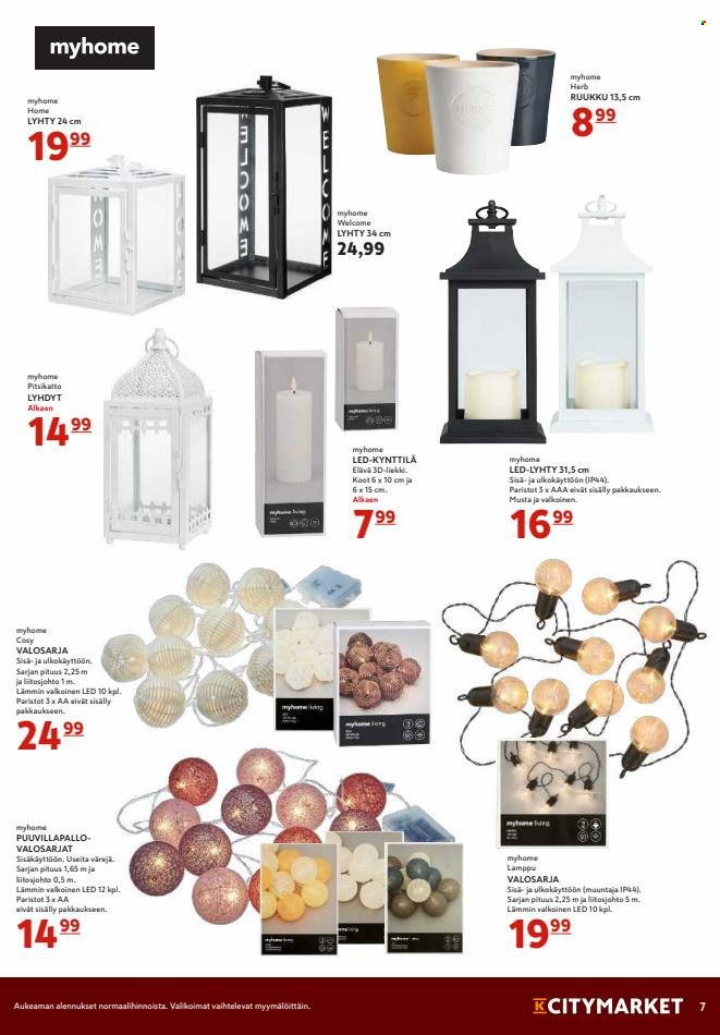 K-citymarket tarjoukset  - 08.09.2022 - 04.10.2022 - Tarjoustuotteet - kynttilä, lamppu, paristo, lyhty, valosarja. Sivu 7.