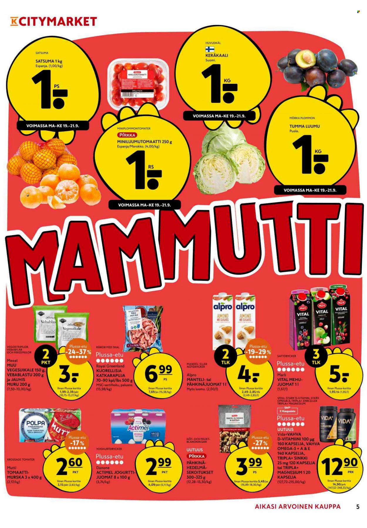K-citymarket tarjoukset  - 19.09.2022 - 25.09.2022 - Tarjoustuotteet - luumu, tomaatit, tomaatti, jogurtit, Danone, mehu, Vital, D3-vitamiini. Sivu 5.